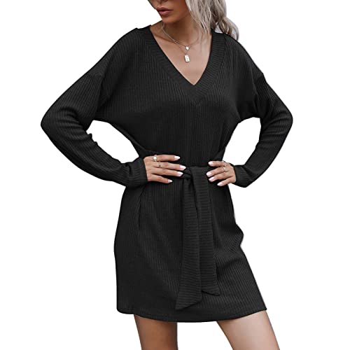 Greensen Damen Pulloverkleid V-Ausschnitt Herbstkleid Strickpullover Kleid Lose Langarm Kleid Reine Farbe Krawatte Taille Kurzes Knielanges Freizeitkleid(L-Schwarz) von Greensen