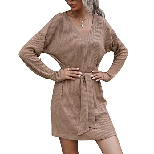 Greensen Damen Pulloverkleid V-Ausschnitt Herbstkleid Strickpullover Kleid Lose Langarm Kleid Reine Farbe Krawatte Taille Kurzes Knielanges Freizeitkleid(XL-Khaki) von Greensen