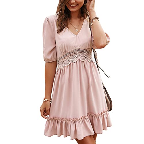 Greensen Damen Sommerkleider V-Ausschnitt Einfarbiges Kleid Hohe Taille Elegant Maxikleid Partykleid Lange Strandkleider mit Halben Ärmeln(M-Rosa) von Greensen