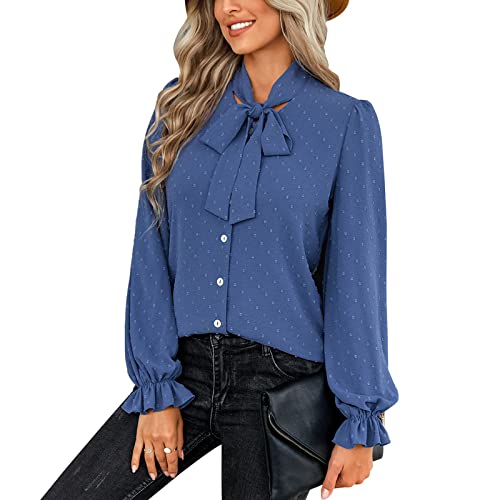 Greensen Damen Tops Puff Langarm Bluse Elastische Unregelmäßige Manschetten Fliege Hemden Elegante Lässige Tops Lose Lässige Swiss Dot Bluse(L-Blau) von Greensen