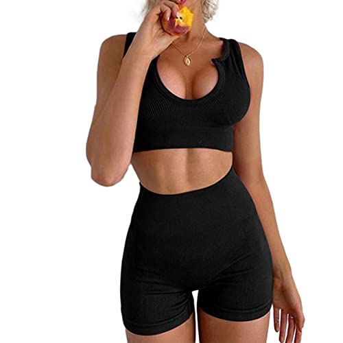 Greensen Damen Workout Set 2 Stück Trainingsanzug Frauen Yoga Sets gerippt Top und hohe Taille Leggings Gym Kleidung Set Sportanzüge für Gym Yoga Fitness(m-Schwarz) von Greensen