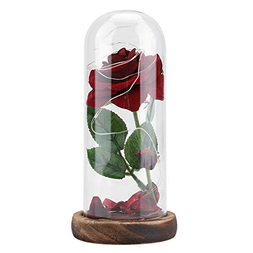 Greensen Ewige Rose für Immer, Konservierte Rose mit LED-Licht in Glasabdeckung und Holzbasis Romantisches Rose Geschenk für Valentinstag Hochzeit Muttertag Jahrestag Weihnachten (Hellrot) von Greensen