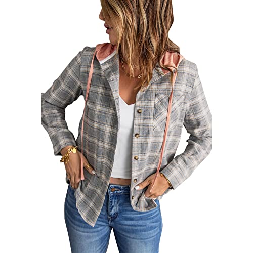 Greensen Flanellhemd mit Kapuze für Damen, Locker, Lässig, Langärmelig, mit Kapuze, Karierter Hemdmantel, Klassisches Button-Down-Hemdjackenoberteil für Den Alltag(M-Khaki) von Greensen