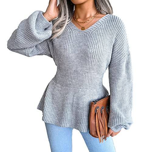 Greensen Frauen Häkeln Schößchen Strick Pullover Pullover Lose Lässige Reine Farbe Pullover Top Laterne Ärmel V-Ausschnitt Enge Taille Saum Rüschen Top(L-Grau) von Greensen