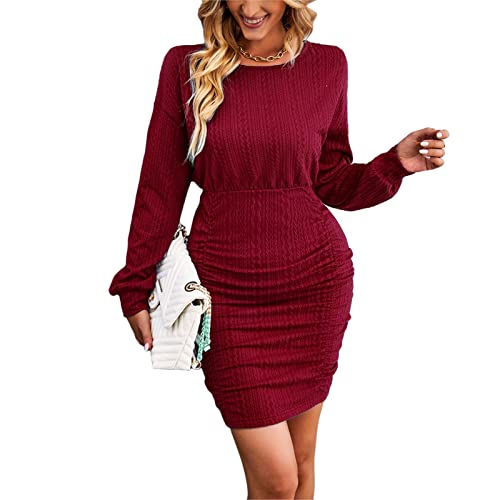 Greensen Frauen Winterkleid Langarm Kleid Rundhals Freizeitkleid Strick Hohe Taille Reine Farbe Slim Fit Hüftwickelkleid Mini Figurbetontes Sexy Kleid(M-Weinrot) von Greensen