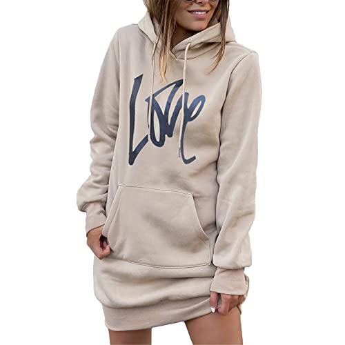 Greensen Hoodie Kleid Damen Hoody Damen Mit Kapuze Winter Pullover, Hoodie Kleid Lässig Rippstrick Bündchen Pullover Kordelzug Leicht Bedruckt mit Tasche Knielang(M-Aprikose) von Greensen