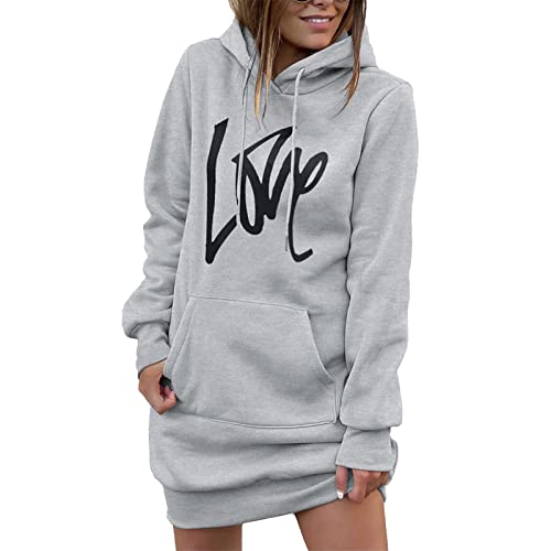 Greensen Hoodie Kleid Damen Hoody Damen Mit Kapuze Winter Pullover, Hoodie Kleid Lässig Rippstrick Bündchen Pullover Kordelzug Leicht Bedruckt mit Tasche Knielang(M-Hellgrau) von Greensen