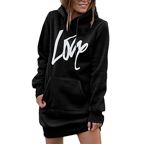 Greensen Hoodie Kleid Damen Hoody Damen Mit Kapuze Winter Pullover, Hoodie Kleid Lässig Rippstrick Bündchen Pullover Kordelzug Leicht Bedruckt mit Tasche Knielang(XL-Schwarz) von Greensen