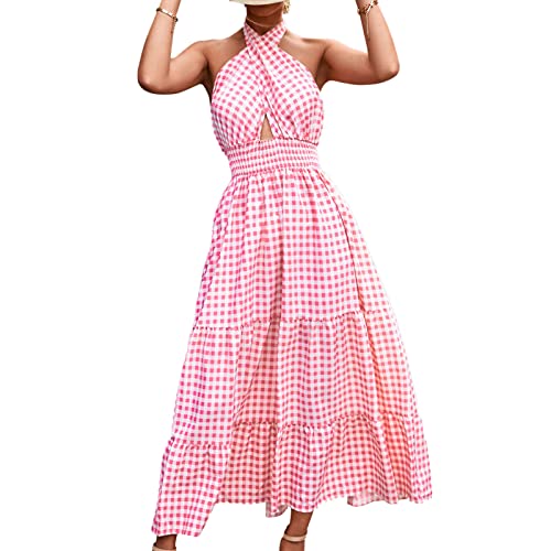 Greensen Maxikleid für Damen, Sommerkleid Abendkleid Hochzeit Ärmellos Partykleid Brautjungfernkleid Multiway V-Ausschnitt Rückenfrei Neckholder Cocktailkleid Festlich Kleid Maxikleid(S-Rosa Plaid) von Greensen