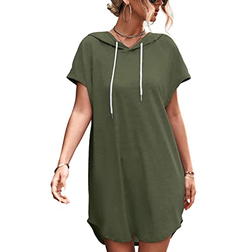 Greensen Sommer Hoodie Kleid, Damen Kurzarm Kleid Female Lose Pullover Sommerkleider Freizeitkleid Casual Hoodie Kleid(m-Grün) von Greensen