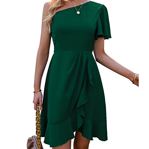 Greensen Sommer Kleider Damen Partykleid Sexy One Shoulder Sommerkleid Strandkleid Rückenfrei Maxikleid Schulterfrei (S-Grün) von Greensen