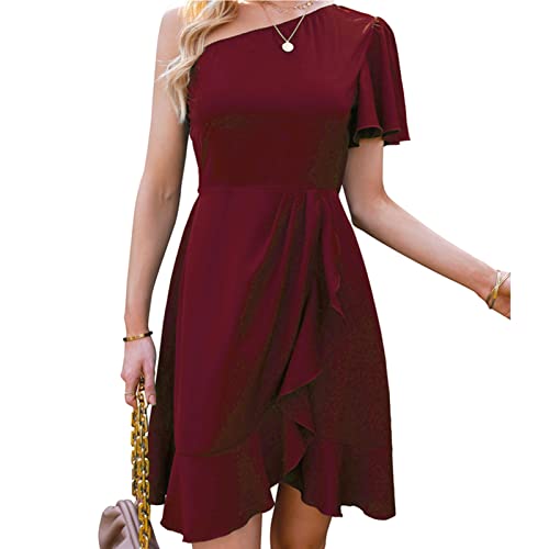 Sommer Kleider Damen Partykleid Sexy One Shoulder Sommerkleid Strandkleid Rückenfrei Maxikleid Schulterfrei (XL-Dunkelrot) von Greensen