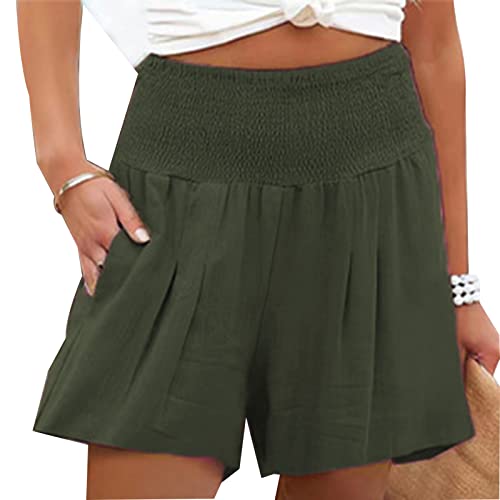 Greensen Sommer Kurz Hose, Damen Lässige Shorts Sport Strand Hosen Elastische Taille Hotpants mit Taschen Gummiband Damen Shorts(L-OD-Grün) von Greensen