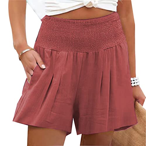 Greensen Sommer Kurz Hose, Damen Lässige Shorts Sport Strand Hosen Elastische Taille Hotpants mit Taschen Gummiband Damen Shorts(M-Bräunlichrot) von Greensen