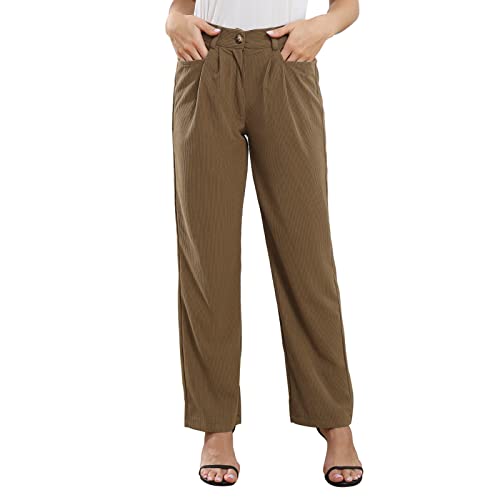 Greensen Weites Bein Freizeithose für Damen, Kurz Geschnittene Hose, Reine Farbe, Knopf, Reißverschluss, schmale Passform Plissierte, Elegante Freizeithose mit Tasche(S-Leichter Kaffee) von Greensen