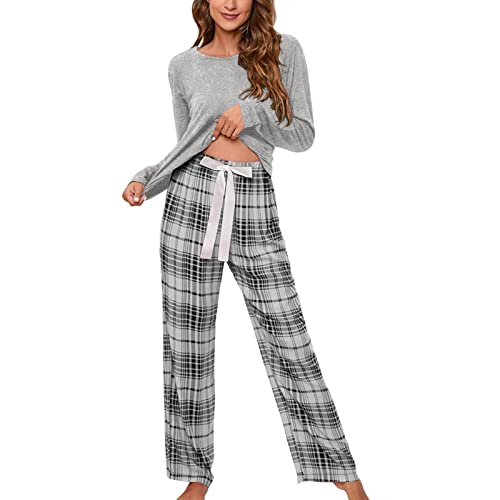 Greensen Zweiteiliges Pyjama-Set für Damen, Karierte Hose mit Kordelzug und Weiches Pullover-Oberteil, Langarm, Kordelzugtaschen, Nachtwäsche, Pyjama-Sets(M-Grau) von Greensen