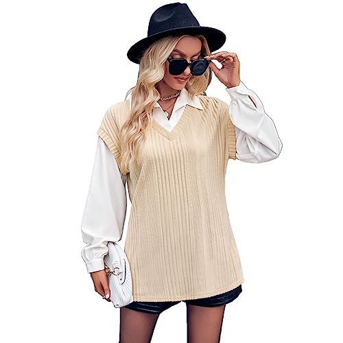 Hemd Pullover 2 in 1 Damen Farbblock Bluse Langarm Strickpullover Elegant Hemdkragen Shirt mit Knopfleiste (XL) von Greensen