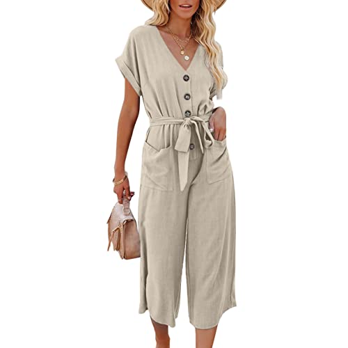 Jumpsuit Damen V-Ausschnitt Einteiler Overall Hosenanzug Playsuit Elegant Kurzarm Lang Weites Bein Jumpsuit mit Gürtel Taschen Sexy Hosen Einfarbig Elastischer (L-Beige) von Greensen