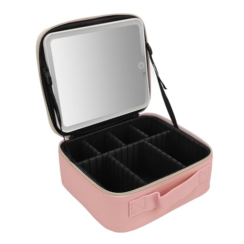 LED-Make-up-Tasche, Tragbarer Kosmetik-Organizer mit Großer Kapazität und LED-Spiegel, Dimmbare 3 Lichter, USB-Typ-C-Aufladung, Ideal für Mutter, Ehefrau, Beste Freundin (PINK) von Greensen
