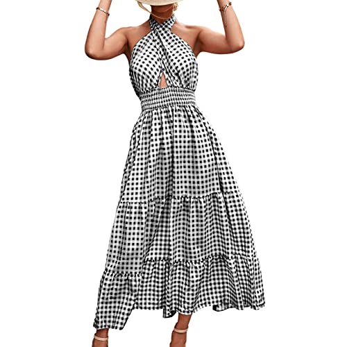 Maxikleid für Damen, Sommerkleid Abendkleid Hochzeit Ärmellos Partykleid Brautjungfernkleid Multiway V-Ausschnitt Rückenfrei Neckholder Cocktailkleid Festlich Kleid Maxikleid(L-Schwarzes Plaid) von Greensen