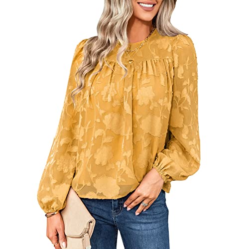 Rundhals Lose Bluse Damen Elegantes Lockeres Top Blumendruck Chiffon Langarm Top Shirt Oberteil Lässige Pullover Shirts Bluse(L-Gelb) von Greensen