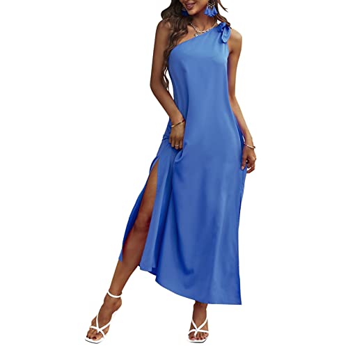 Sommerkleid Damen Ärmello Maxikleid Casual Split Kleid Sexy Strandkleid Gepunktes Cocktailkleid One Shoulder Schulterfrei Kleid Damen (XL-Himmelblau) von Greensen