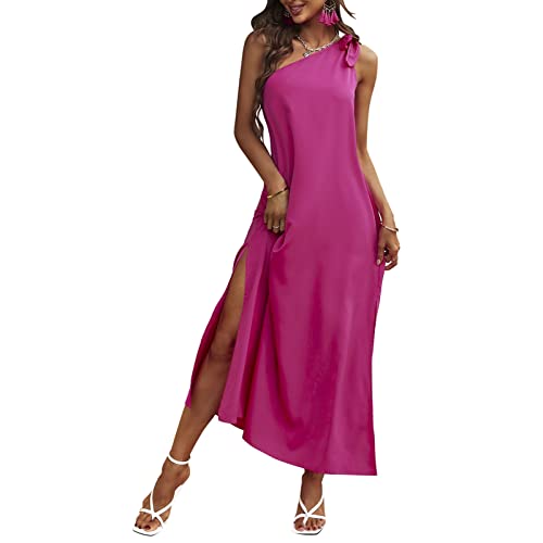 Sommerkleid Damen Ärmello Maxikleid Casual Split Kleid Sexy Strandkleid Gepunktes Cocktailkleid One Shoulder Schulterfrei Kleid Damen (XL-Rosenrot) von Greensen