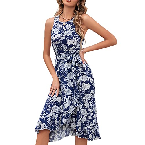 Sommerkleid Damen Kleid Rundhals Minikleid Ärmello Langes Partykleid Gepunktes Kleid Blumendruck Strandkleid Elegant Casual Kleid mit Rüschenrockschwanz (S-Blau) von Greensen