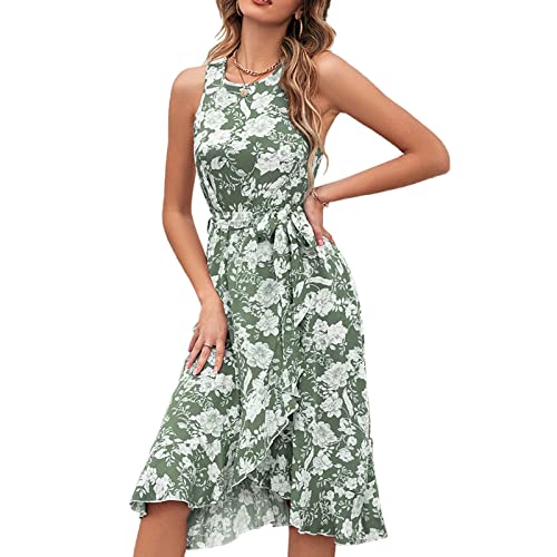Sommerkleid Damen Kleid Rundhals Minikleid Ärmello Langes Partykleid Gepunktes Kleid Blumendruck Strandkleid Elegant Casual Kleid mit Rüschenrockschwanz (S-Grün) von Greensen