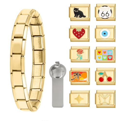 12PCS Italian Charm Bracelet Set Gold,italienische Armbänder mit Öffnungswerkzeug,9 mm DIY abnehmbares Modul,Italian Style Charms für Damen, Mädchen Junge Geschenk von Greenyre