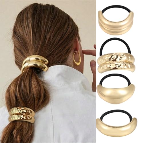 4 Stück Haargummi Damen Metall Haarmanschetten,Schwarz Elastisch Zopfgummi,Geometrische Goldene scrunchies Haargummi Halter,Pferdeschwanzhalter für Damen und Mädchen(4 Stück-B) von Greenyre