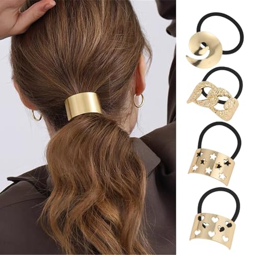 4 Stück Haargummi Damen Metall Haarmanschetten,Schwarz Elastisch Zopfgummi,Geometrische Goldene scrunchies Haargummi Halter,Pferdeschwanzhalter für Damen und Mädchen(4 Stück-L) von Greenyre