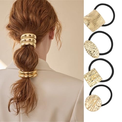 4 Stück Haargummi Damen Metall Haarmanschetten,Schwarz Elastisch Zopfgummi,Geometrische Goldene scrunchies Haargummi Halter,Pferdeschwanzhalter für Damen und Mädchen(4 Stück-M) von Greenyre