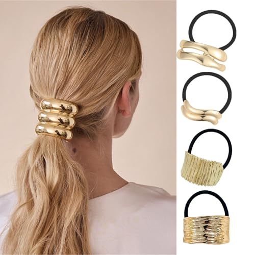 4 Stück Haargummi Damen Metall Haarmanschetten,Schwarz Elastisch Zopfgummi,Geometrische Goldene scrunchies Haargummi Halter,Pferdeschwanzhalter für Damen und Mädchen(4 Stück-N) von Greenyre