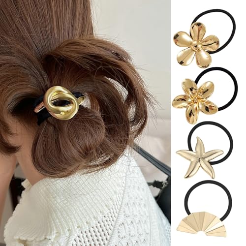4 Stück Haargummi Damen Metall Haarmanschetten,Schwarz Elastisch Zopfgummi,Geometrische Goldene scrunchies Haargummi Halter,Pferdeschwanzhalter für Damen und Mädchen(4 Stück-O) von Greenyre