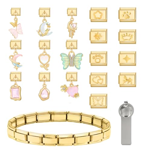Greenyre 20PCS Italian Charm Bracelet Set Gold,italienische Armbänder mit Öffnungswerkzeug,9 mm DIY abnehmbares Modul,Italian Style Charms für Damen, Mädchen Junge Geschenk von Greenyre
