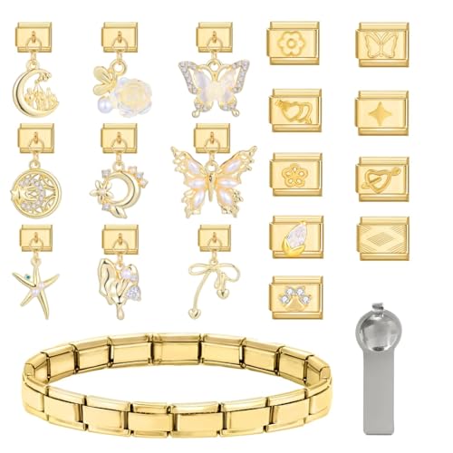 Greenyre 20PCS Italian Charm Bracelet Set Gold,italienische Armbänder mit Öffnungswerkzeug,9 mm DIY abnehmbares Modul,Italian Style Charms für Damen, Mädchen Junge Geschenk von Greenyre