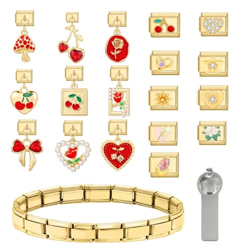 Greenyre 20PCS Italian Charm Bracelet Set Gold,italienische Armbänder mit Öffnungswerkzeug,9 mm DIY abnehmbares Modul,Italian Style Charms für Damen, Mädchen Junge Geschenk von Greenyre