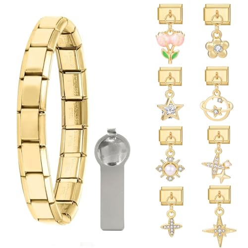 Greenyre Italian Charm Bracelet Gold, 8 zusätzliche italienische Charms mit Öffnungswerkzeugen, Stainless Steel, 9mm DIY abnehmbares Modul, für Damen und Mädchen von Greenyre