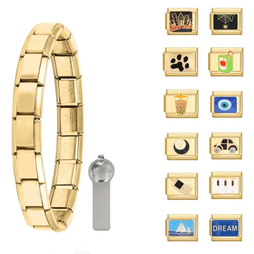 Greenyre Italian Charm Bracelet Set gold,14PCS Italian Charms Armband Set,Edelstahl 9mm DIY Abnehmbar Module für Italienische Armbänder, Italian Style Charms für Damen von Greenyre