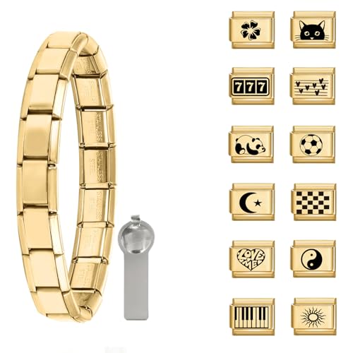 Greenyre Italian Charm Bracelet Set gold,14PCS Italian Charms Armband Set,Edelstahl 9mm DIY Abnehmbar Module für Italienische Armbänder, Italian Style Charms für Damen von Greenyre
