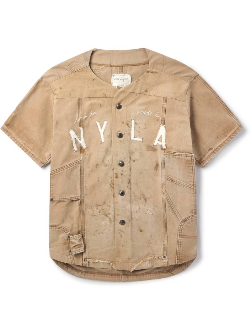 GREG LAUREN - Frayed Appliquéd Embroidered Distressed Cotton-Canvas Shirt - Men - Brown - 3 von GREG LAUREN