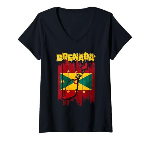 Damen Grenada Karte T-Shirt mit V-Ausschnitt von Grenada Flag