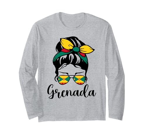 Grenada Patriotischer unordentlicher Dutt Grenadische Flagge Mädchen Mama Mama Langarmshirt von Grenadian Grenada Flag Designs