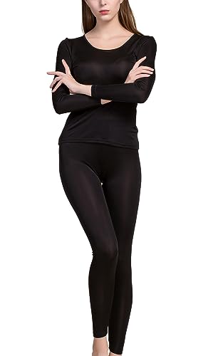 Fashion Silk Damen Thermo-Unterwäsche-Sets Knit Silk Long Johns für Base Layering Sets Mittel Schwarz von Grenasasilk