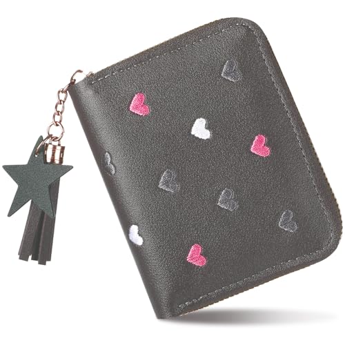Greoer Kleine Geldbörsen für Damen, PU-Leder, Damengeldbörse mit Stern-Anhänger, multifunktionale Reißverschlusstasche mit Stickerei-Herzmuster, Kreditkartenhalter für Damen, grau, Einheitsgröße, Greoer Kleine Geldbörsen für Damen, PU-Leder, Damengeldbörse mit Stern-Anhänger, multifunktionale Reißverschlusstasche mit Stickerei-Herzmuster, Kreditkartenhalter für Damen, grau, Einheitsgröße, von Greoer