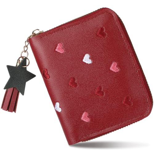 Greoer Kleine Geldbörsen für Damen, PU-Leder, Damengeldbörse mit Stern-Anhänger, multifunktionale Reißverschlusstasche mit Stickerei-Herzmuster, Kreditkartenhalter für Damen, rot, Einheitsgröße, Greoer Kleine Geldbörsen für Damen, PU-Leder, Damengeldbörse mit Stern-Anhänger, multifunktionale Reißverschlusstasche mit Stickerei-Herzmuster, Kreditkartenhalter für Damen, rot, Einheitsgröße, von Greoer