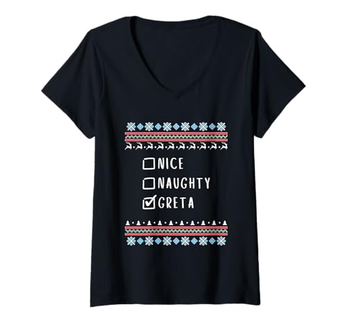 Damen Nett Frech Weihnachten Greta Hässlicher Pulli T-Shirt mit V-Ausschnitt Damen Nett Frech Weihnachten Greta Hässlicher Pulli T-Shirt mit V-Ausschnitt von Greta Nice Naughty Christmas Name Funny