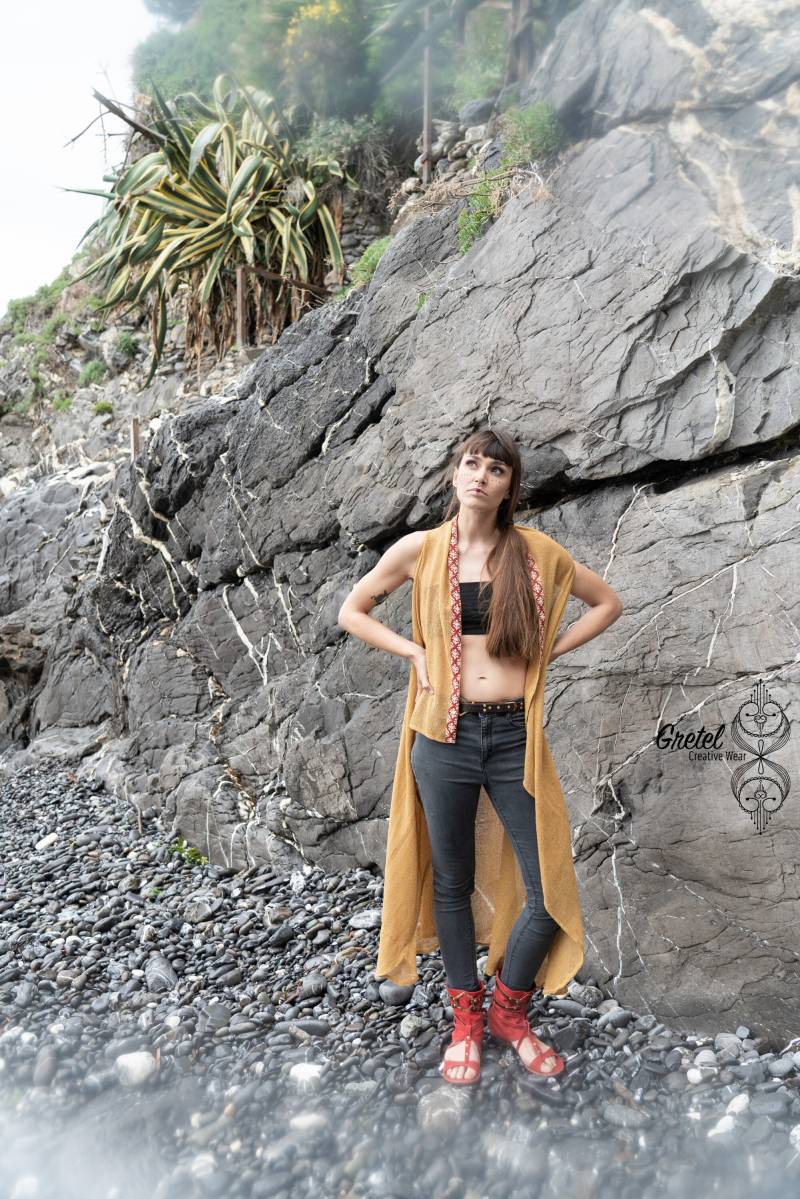 Boho Long Gilet in Baumwolle Mit Slf-Blockdruck-Grenzen von GretelCreativeWear