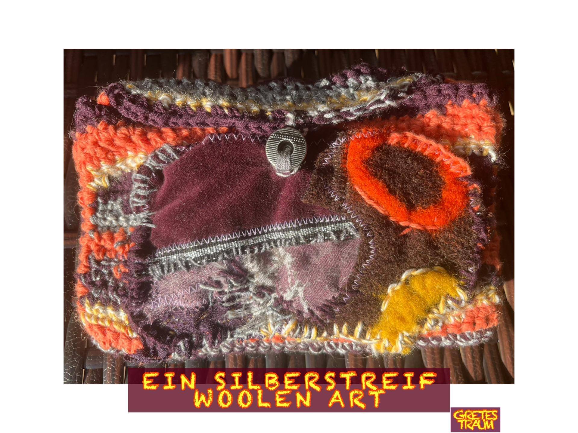 Tasche, Osmetik, Schmuck, Gehäkelt, Boho, Unikat Handgemacht, Aubergine, Orange, Gelb Ein Silberstreif, Unique Art, Geschenke Frauen, Retro von GretesTraum